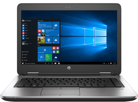 Front view of an opened HP ProBook 640 G2, with screen showing Windows 10 home screen and Start menu